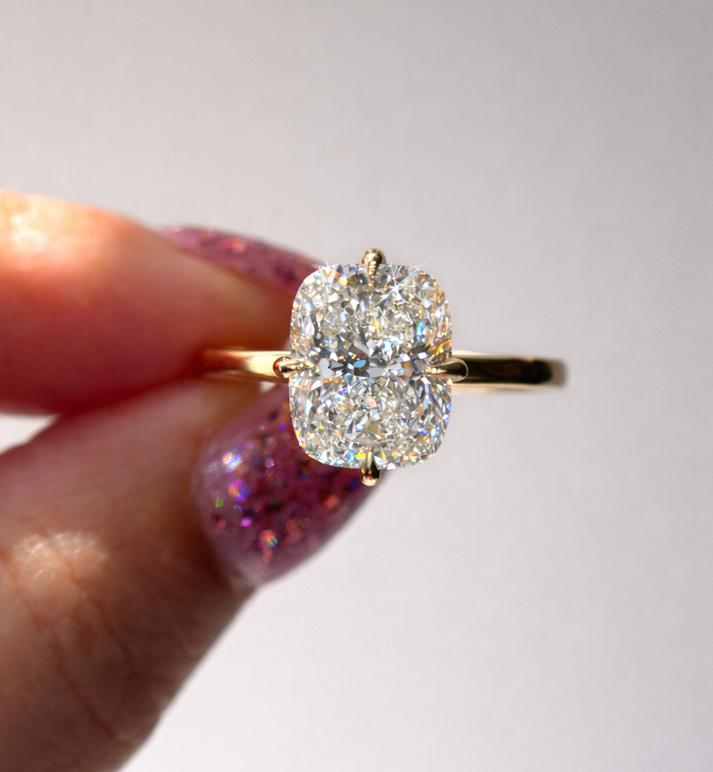 Compass Prongs 3.17 Carats Total Cushion Cut Solitaire Diamond Engagement Ring